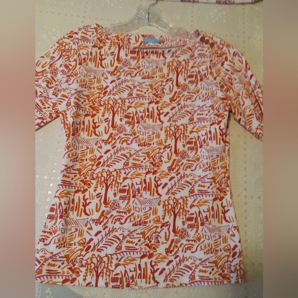 J. McLaughlin White Pink Orange Village Print Button Boatneck Top - XS - Picture 6 of 10